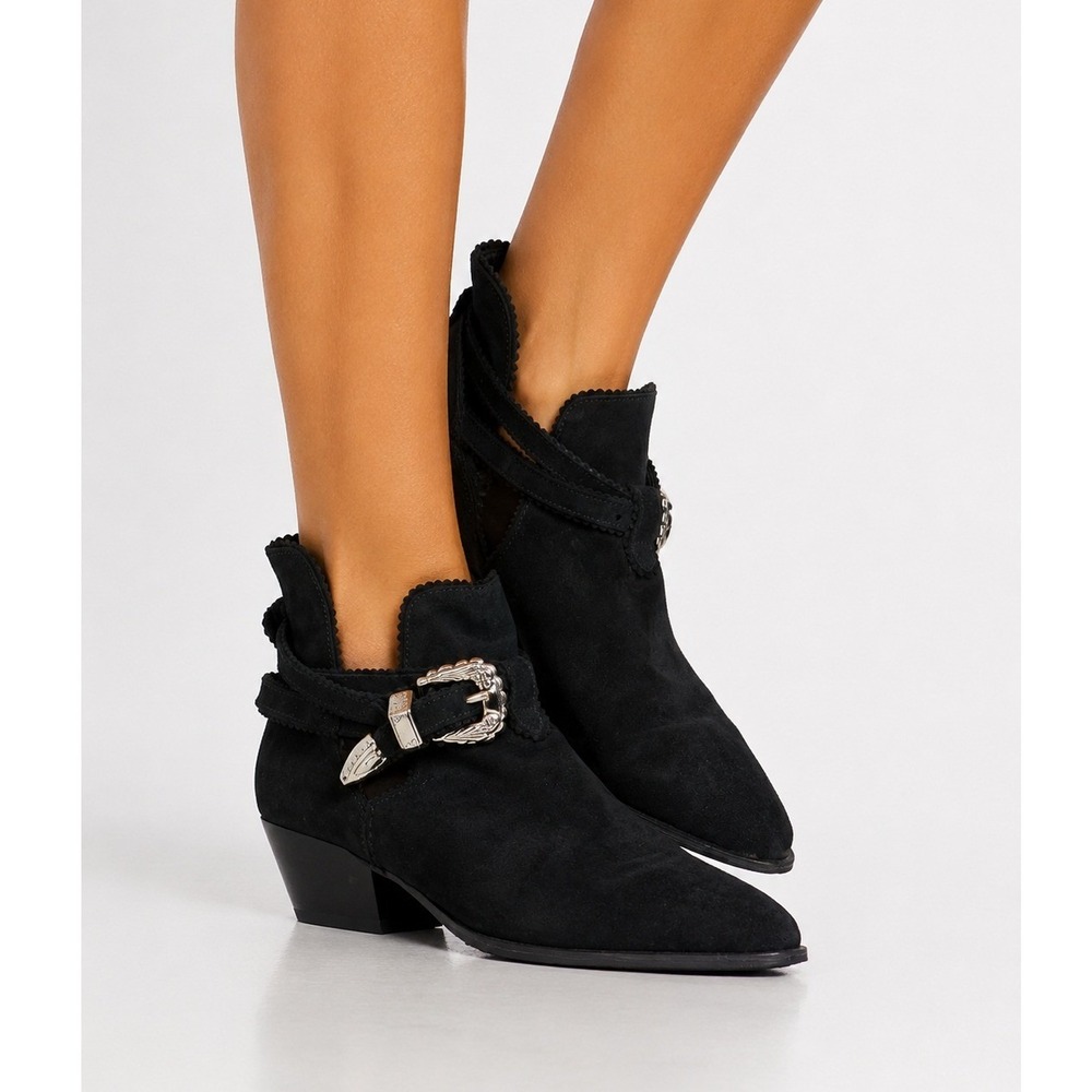 Sandro Paris Black Suede Western Buckle Ankle Boots Pointed Toe 38 8